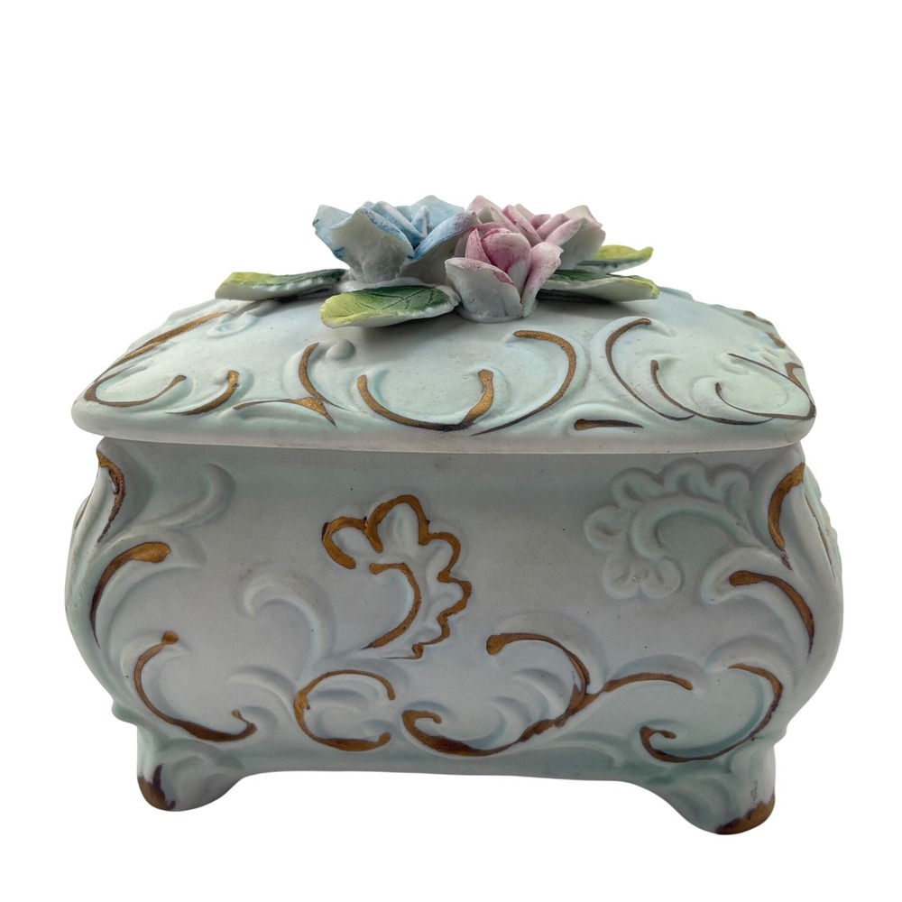 Vintage Norleans Japan Blue Footed Porcelain Trinket Box 3D Roses Gold Gilt 4.5"